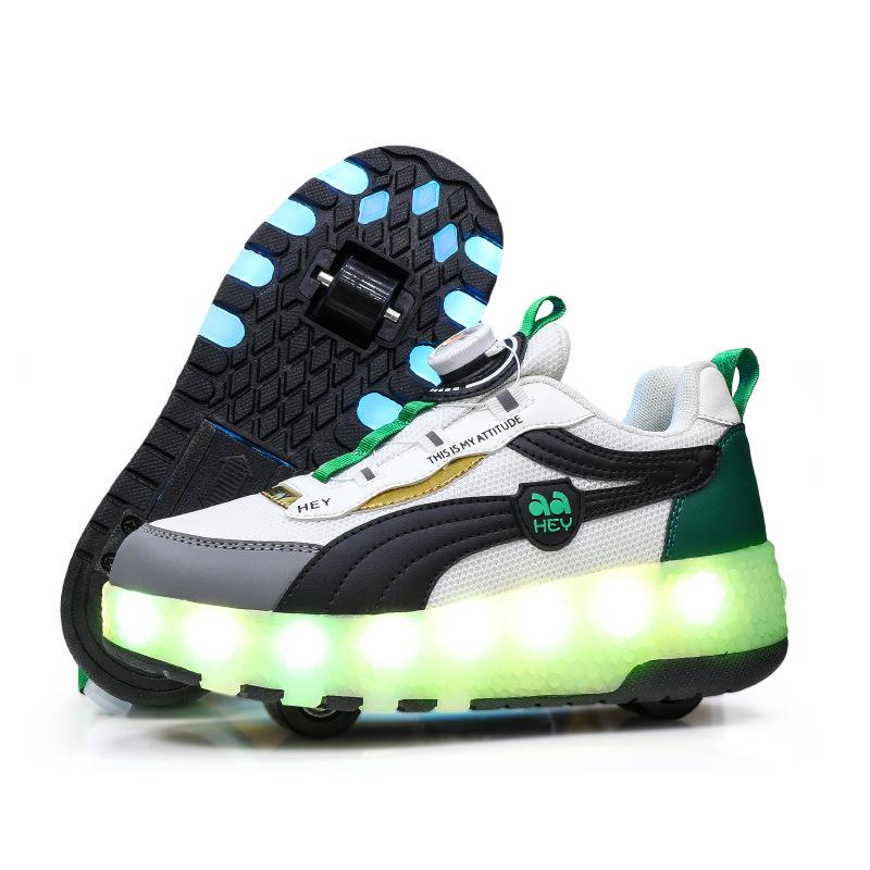 New wheel shoes double wheel charging rotating buckle colorful lights runaway shoes direct sales support