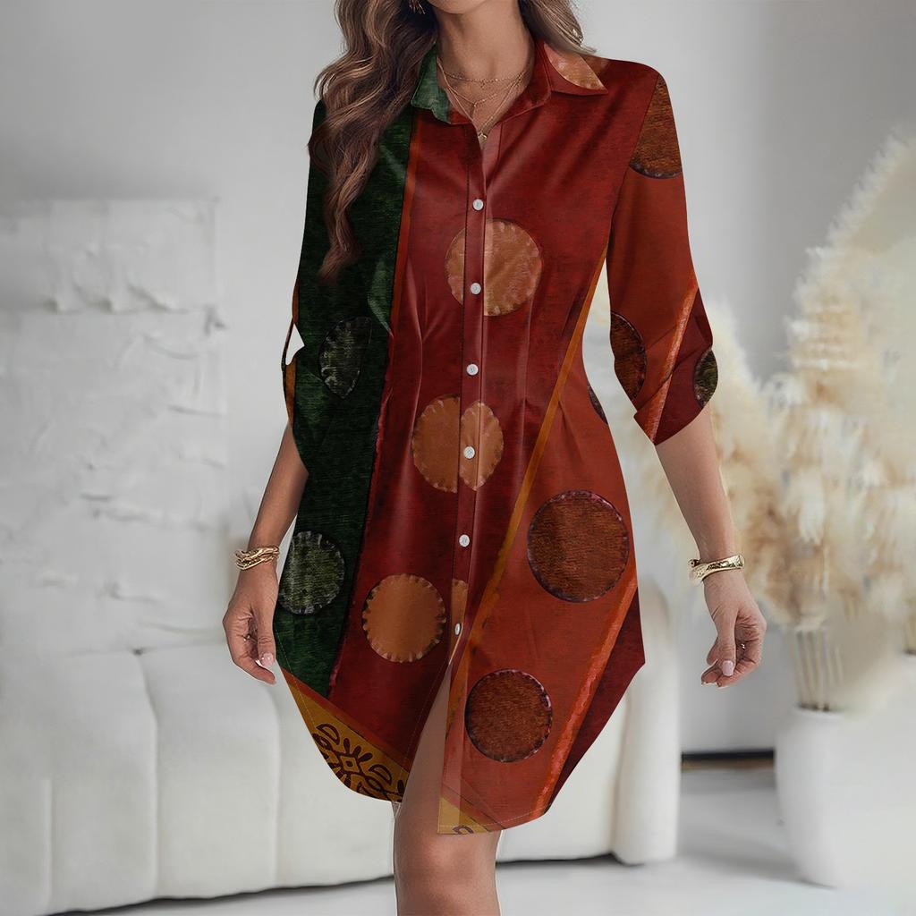 Damen Locker sitzendes V-Ausschnitt Langarmkleid Druck Arbeitshemdkleid