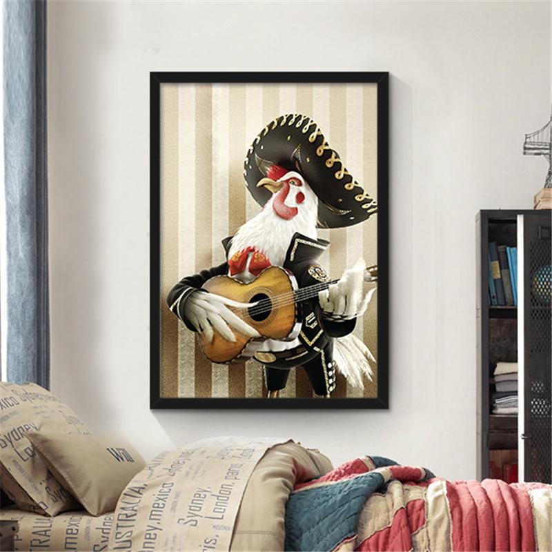 Pictură decorativă nordică pe pânză Postere de desene animate Mr. Porc, vite, cocos și câine cântând la chitară pentru dormitorul copiilor