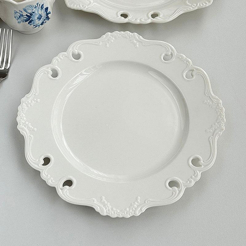 French Hollow Out Relief Dish 10 Inch Ceramic Exquisite Flower Shape Kitchen Tableware White Retro High Aesthetic Creative Plate