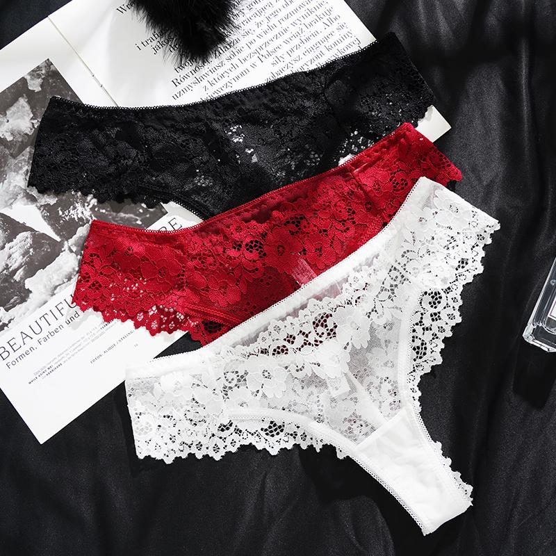 Women's Sexy Lace Floral Hollow Out Low-Rise Briefs Temptation Underwear High Quality Transparent Panties