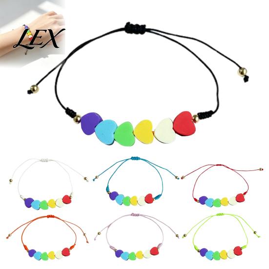 Dainty Trendy Gift for Her Colorful Hearts Bracelet, Handmade Braided Cord String Adjustable Boho Style Woven Bracelet Heart Shaped Clay Beads Jewelry
