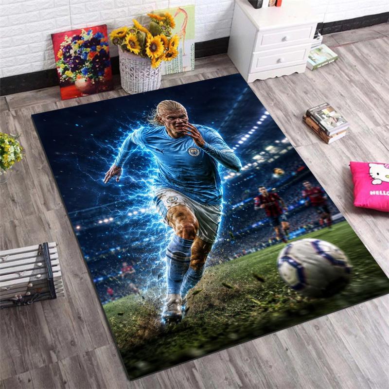 Lightning Effect Football Star Player Print Area Rug Sport Theme Non‑Slip Rectangular Floor Mat Home Decor For Gaming Bedroom