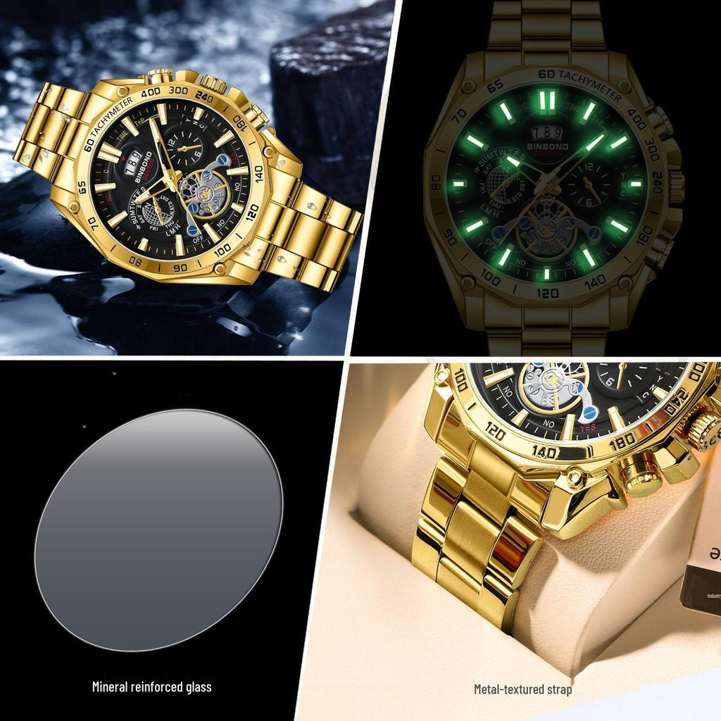 BINBOND Men's Luminous Trendy Tourbillon Watch with Steel Band, Three Dials & Six Hands