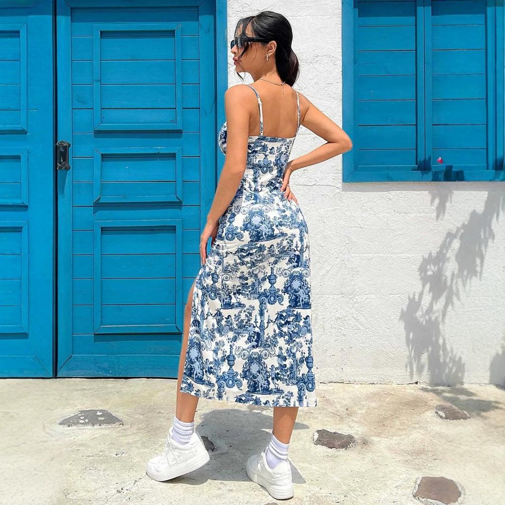 New floral suspender split dress European and American printing sexy slim fit medium and long spicy