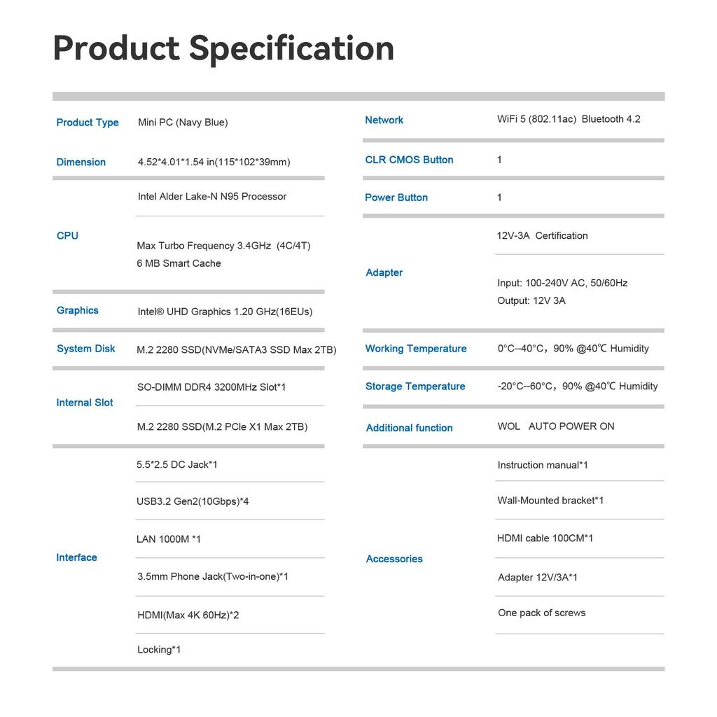 Beelink Mini 12th Generation N95 Processor to 8GB DDR4 256GB SSD Desktop WiFi Bluetooth Dual USB Auto Power On MINI-S12 PC, (up 3.4GHz), + PC, 5, 4.2,