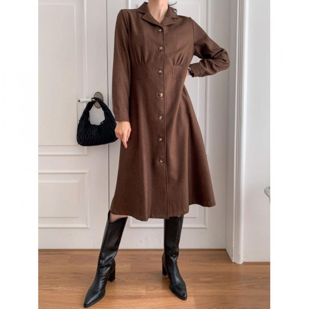 Shop   Women S Wool CollAr Neck Button Open Shirring A Line Midi dreSS Beige cAt
