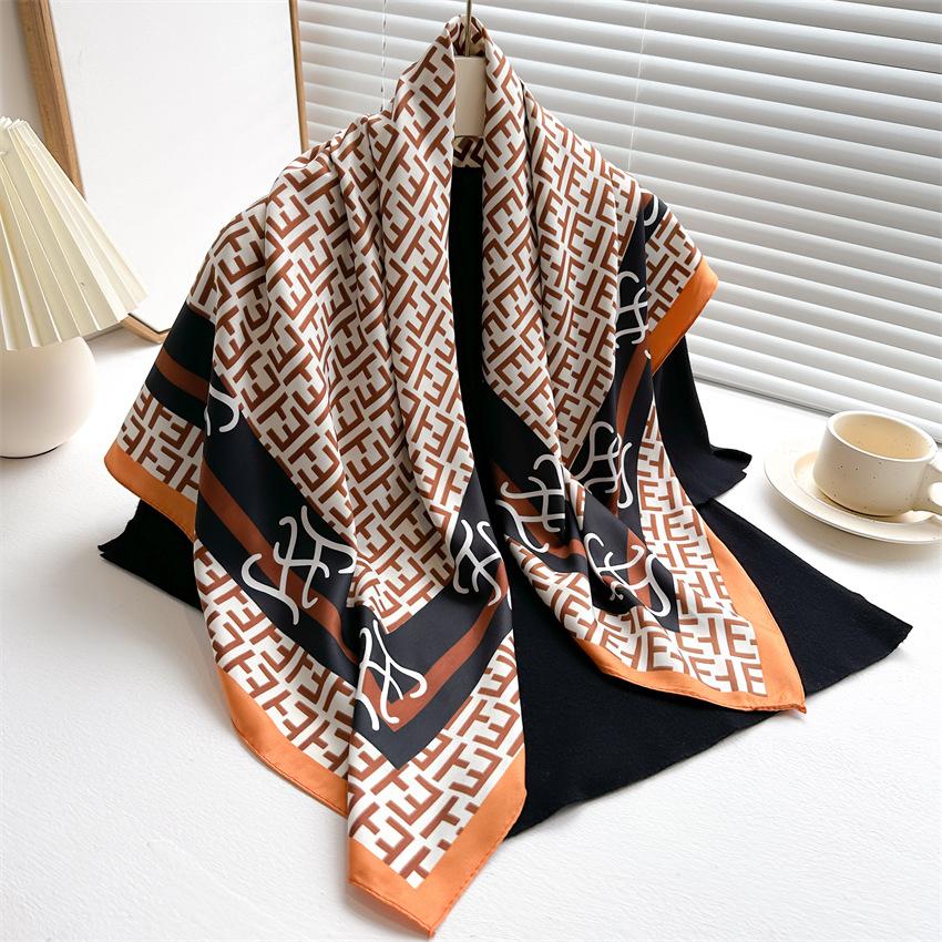 New Premium Printed Silk Scarf 91cm Twill Scarf Fashion Versatile Letter E Large Square Scarf Sunscreen Shawl Headscarf