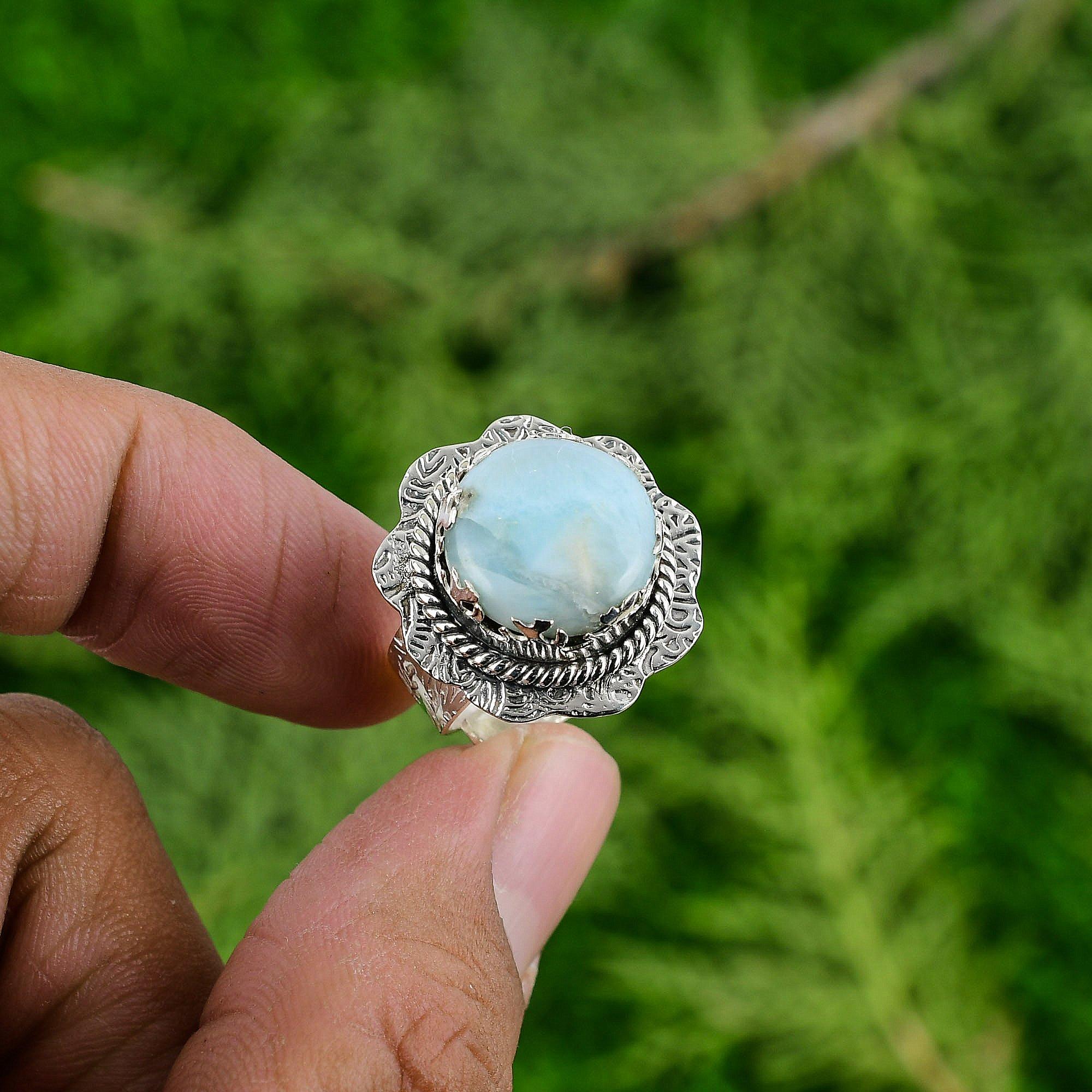 

Round Larimar Stone Anniversary Stackable Wife Elegant Boho Ring Sterling Silver Adjustable