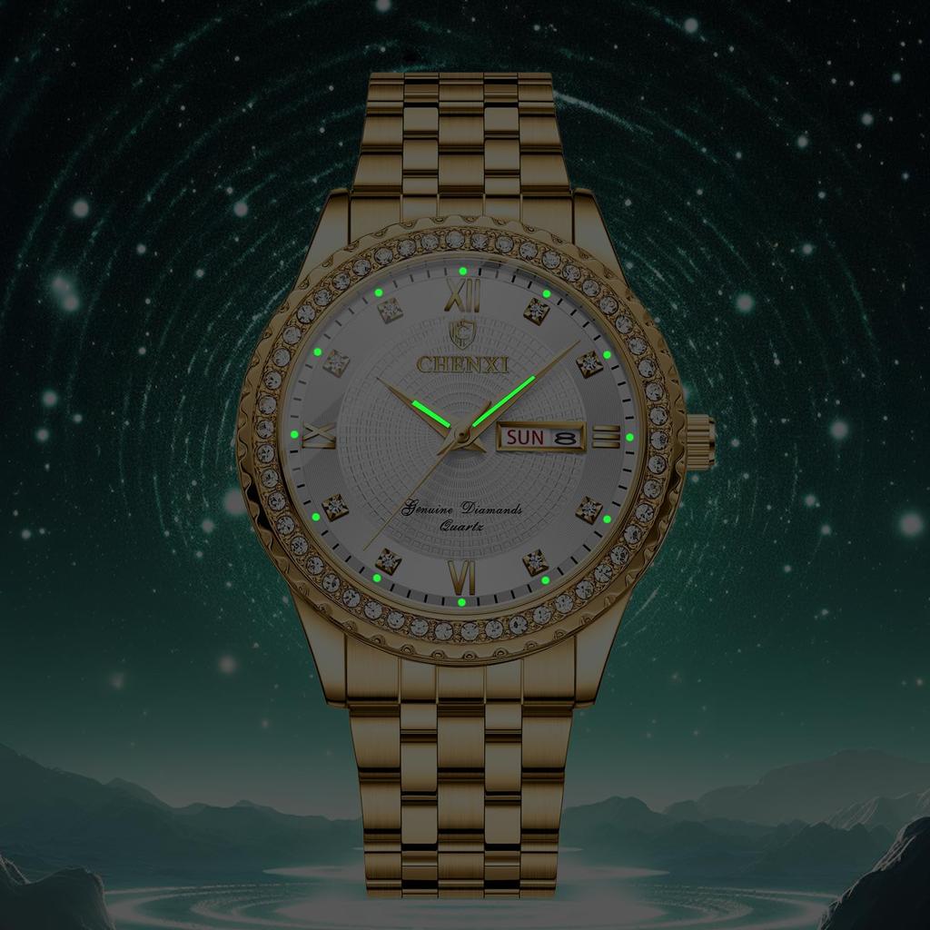 Stilvolle Herrenuhr aus Edelstahl, Gold: Analoganzeige, Kalender, 3 ATM Wasserdichtigkeit, Tagesanzeige, Quarzwerk, Partneruhr, Freizeit,