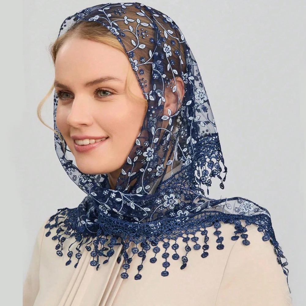 

Floral Printed Lace Triangle Scarf Transparent Embroidered Lace Head Scarf Korean Style Ethnic Style Flower Tassels Scarves XXS&3-6M темно-синий