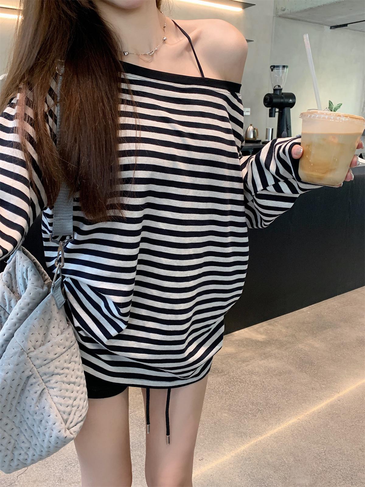 

Early Autumn Korean Style Loose Striped Raglan Off-Shoulder Cotton Long Sleeve Women s Top X-Large