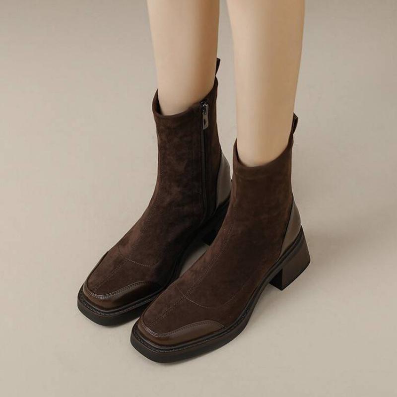 Autumn and winter women's Martin boots suede large size medium heel comfortable side zipper leather boots Korean version new square heel medium boots