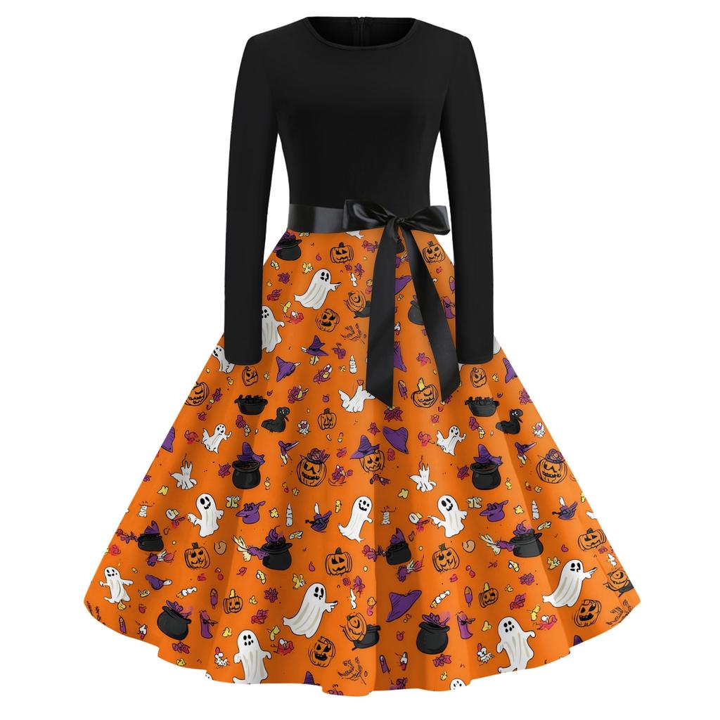 Womens Casual Halloween Print Vintage Style Dress Long Sleeve Round Neck A-Line Skirt Midi Length with Ribbon Waist Tie