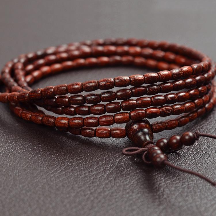 Natural Red Sandalwood Buddhist Bead Bracelet with Rice and Barrel-Shaped Beads