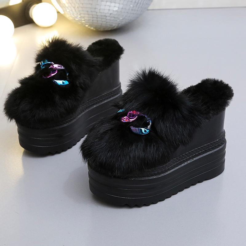 Slim Women's Slim Slippers Wedge Water Diamond Inner Elevated Thick Sole Shoes Women's Autumn and Winter Shoes Fur Plush Fashion
