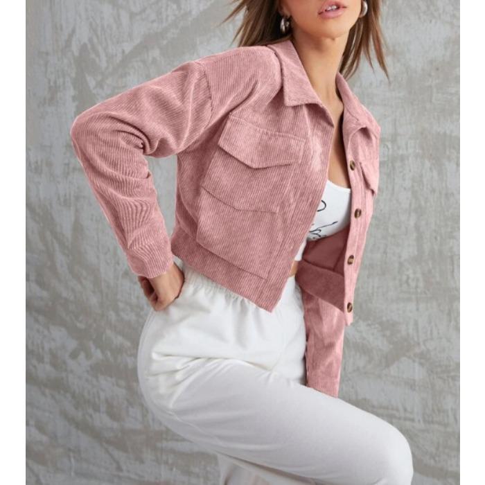 

Женская повседневная свободная вельветовая куртка с лацканами на осень и зиму, однотонная, однобортная, короткая куртка-пальто в стиле харадзюку S