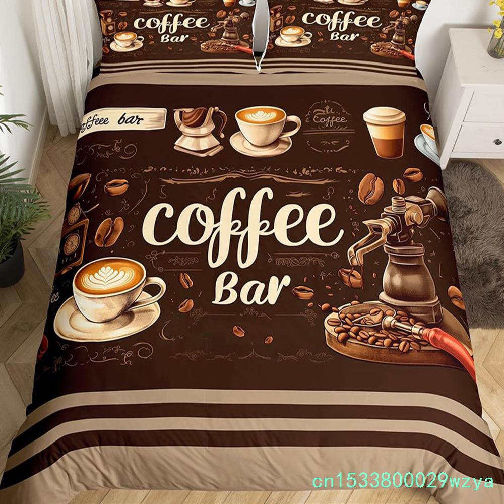 Coffee Duvet Cover Queen King Cartoon Coffee Drink Cup Print Bedding Set Coffee Lover Comforter Cover Modern Brown Quilt Cover