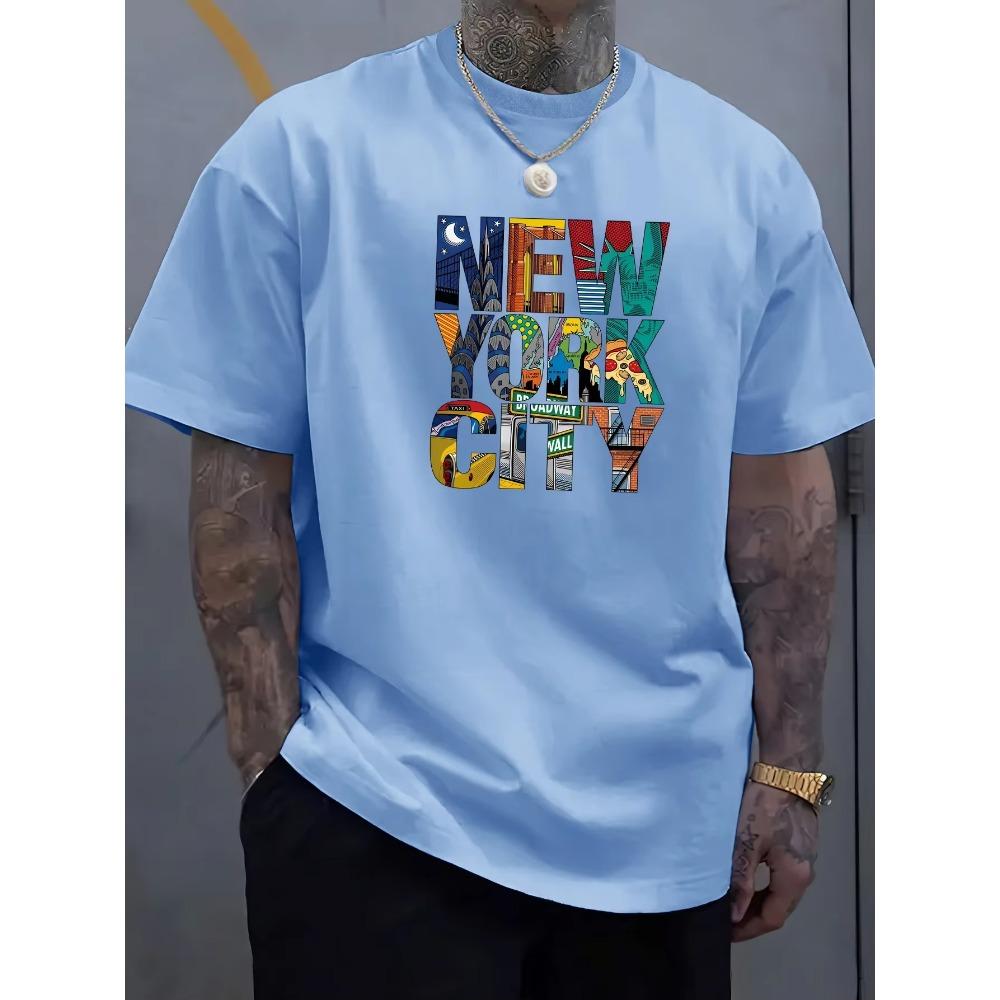 Summer men's 100% cotton comfortable casual loose plus size NEW YORK CITY printed sports round neck short sleeved T-shirt top