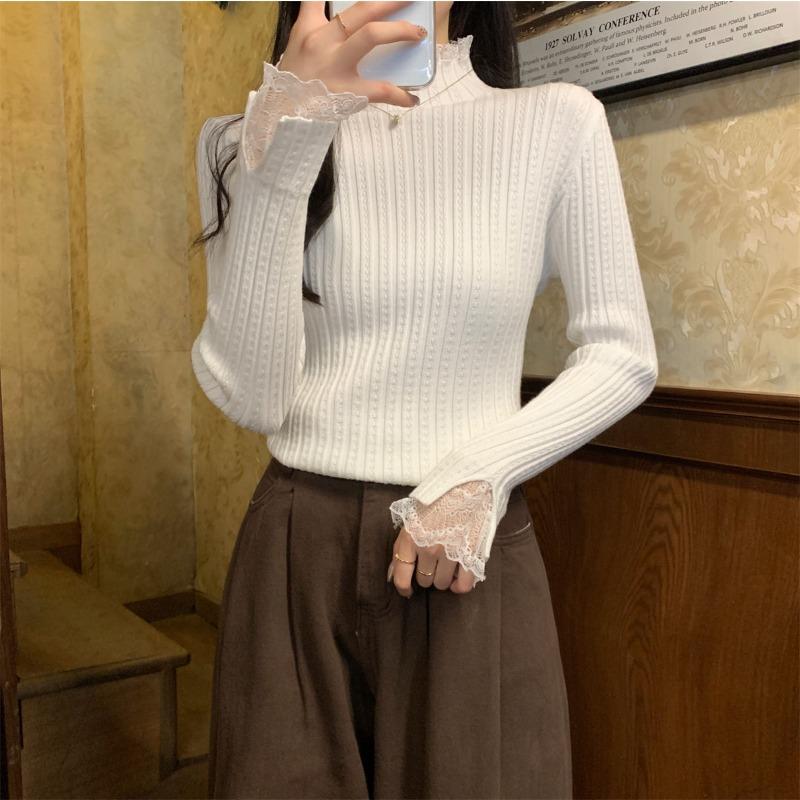 Lace lace semi-turtleneck knitted bottoming shirt women's spring texture inner top age-reducing sweater