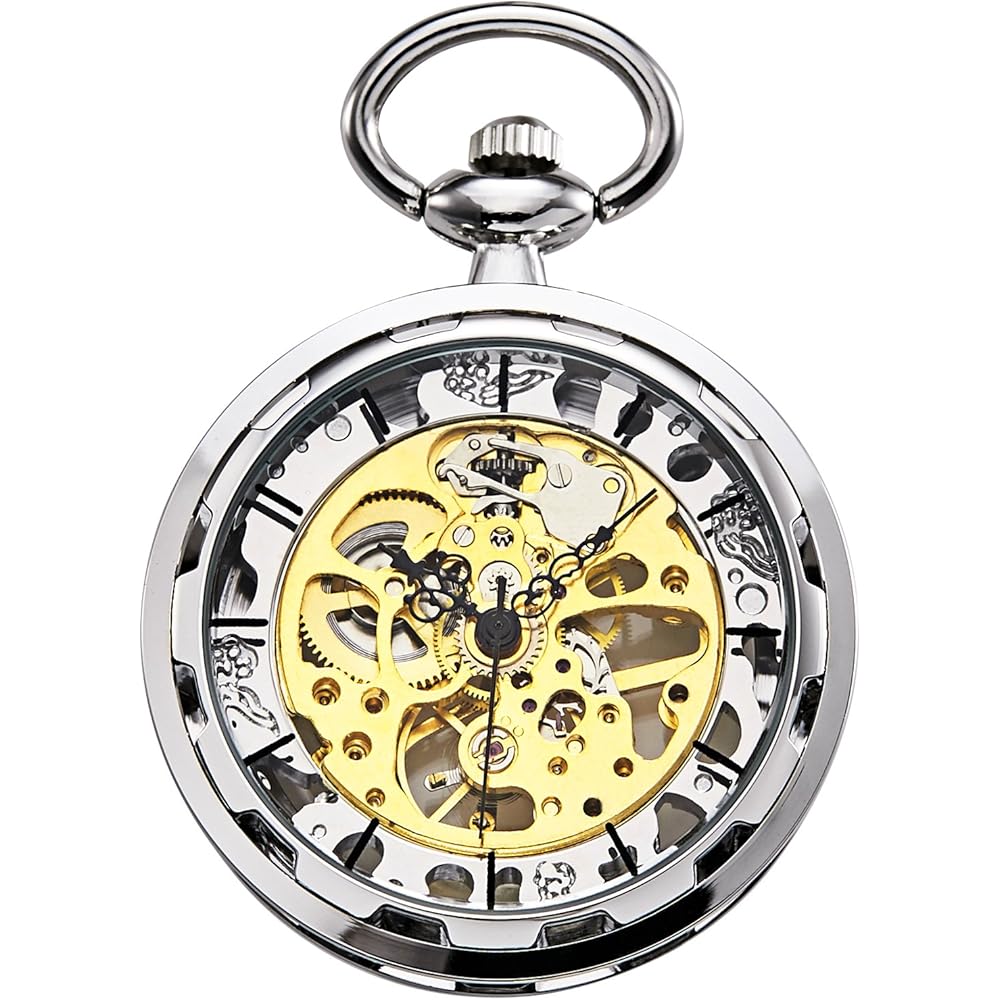 Treeweto Antique Mechanical Skeleton Pocket Watch Silver Men s Hand-Wound with Chain