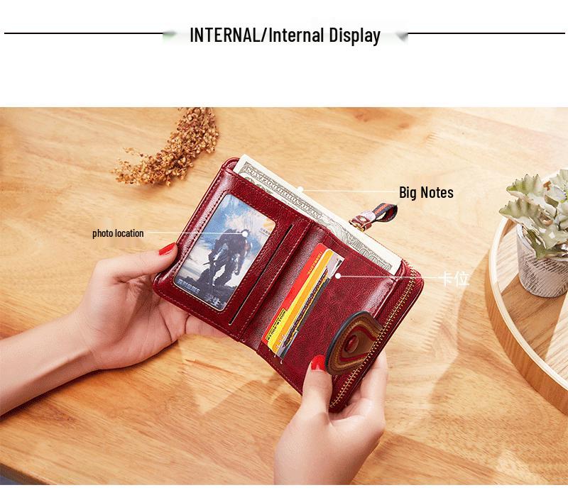 Women's Retro Oil Wax Leather Accordion Wallet with Multi-Card Slots and Zipper