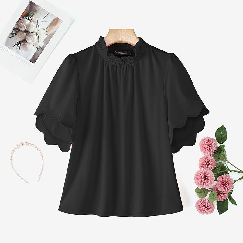 ZANZEA Women Casual Stand Collar Ruffles Short Sleeve Blouse S чёрный
