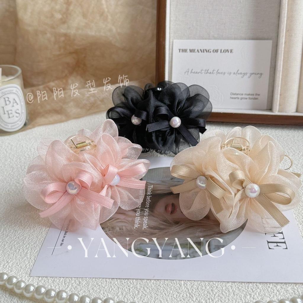 Retro Mesh Double Flower Hair Clip for Woman Sweet Pearl Bow Shark Clip Fashionable Girl's Back Head Hair Clamp