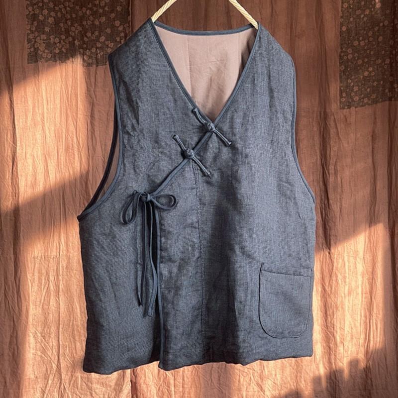 Johnature Women Chinese Style Linen Vests Coat V-Neck Sleeveless Patchwork Pockets Solid Color Fall Women Vintage Vests