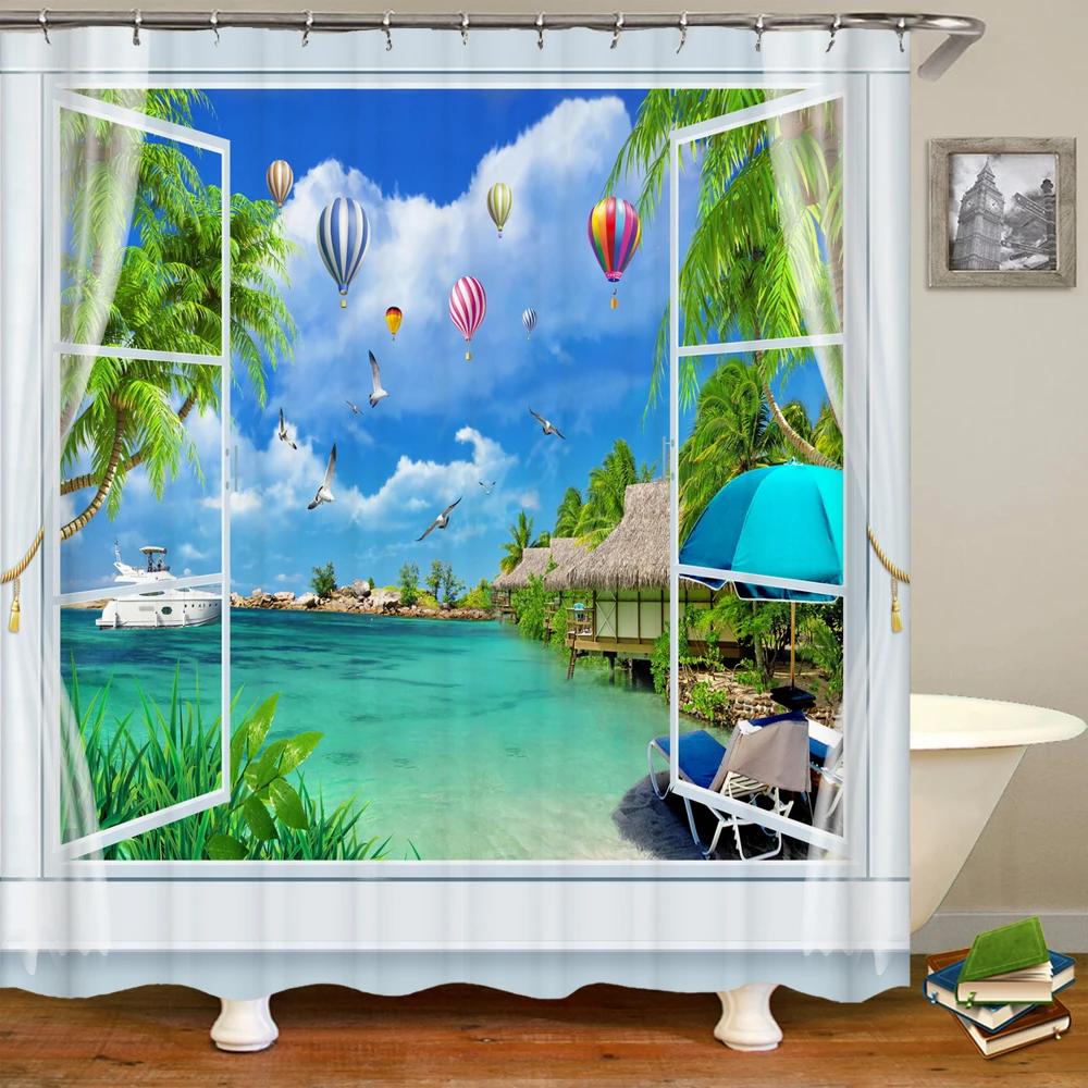 

3D window opening scenery beach landscape printing shower curtain washable fabric curtain bathroom decoration with hook curtai 90x180cm
