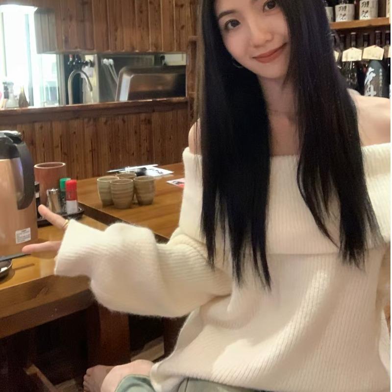 Spice Girl's New One-word Neck Sweater Autumn and Winter Temperament Lazy and Loose Off-the-shoulder Medium and Long Top Knitted Sweater