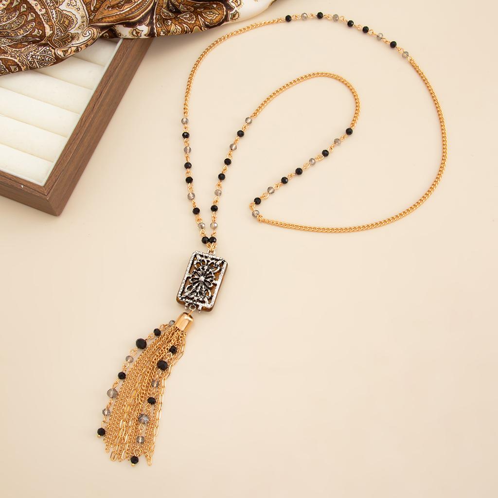SHIXIN Vintage Metal Tassel Crystal Long Chain Necklace Women Bohemian Geometric Square Pendant Necklace Sweater Chain Jewelry