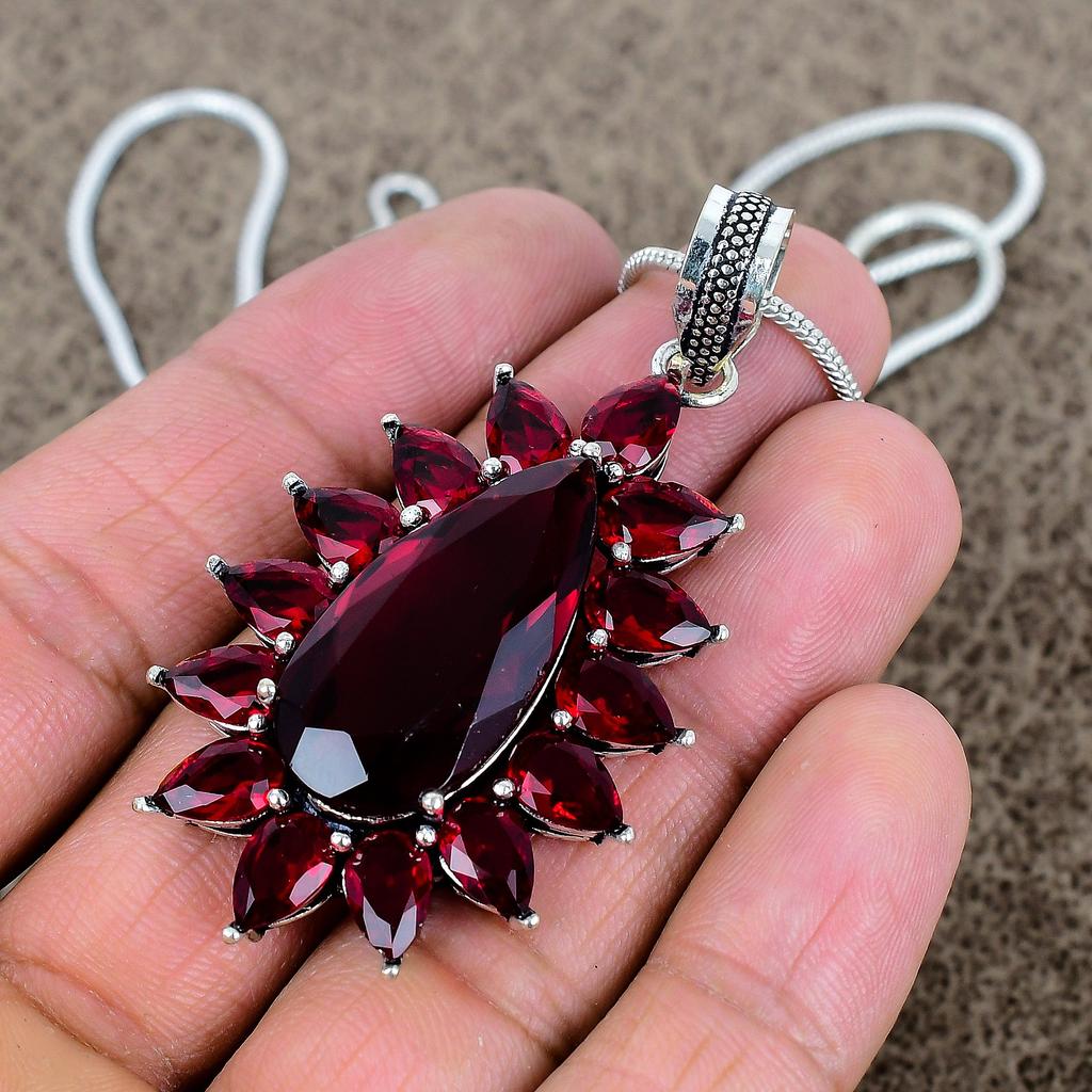 Garnet Gemstone Handmade 925 Sterling Silver Jewelry Pendant 2.48" KKG-294