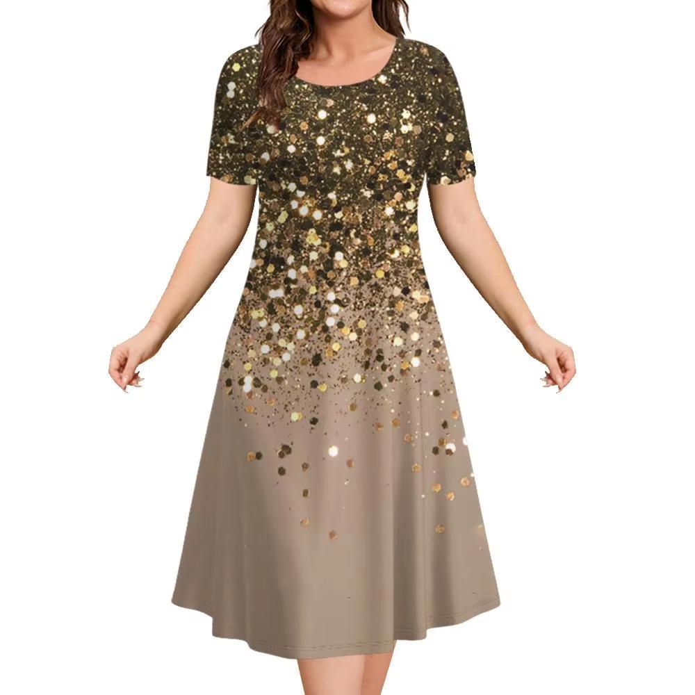 Elegant Women Short Sleeve Fashion 3d Print Midi Dress Plus Size Beach Clothing