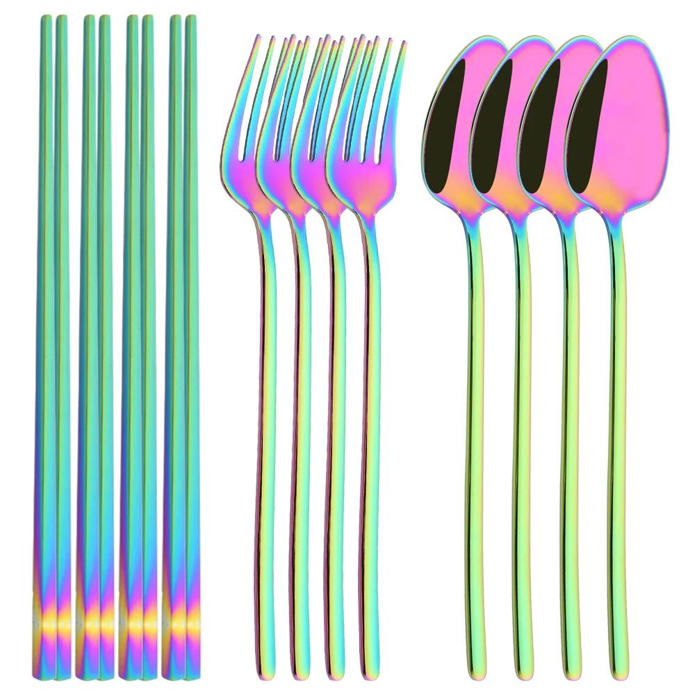 Silver Stainless Steel Flatware Cutlery Set Sushi Sticks Dinner Set 12Pcs Dinnerware Korean Chopsticks Fork Spoon Dinnerware