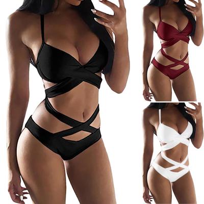 Γυναικείο Μόδα Σέξι Μονόχρωμο Μαγιό Δύο Τεμαχίων Παραλίας με Λουράκια Χιαστί και Σχισμή