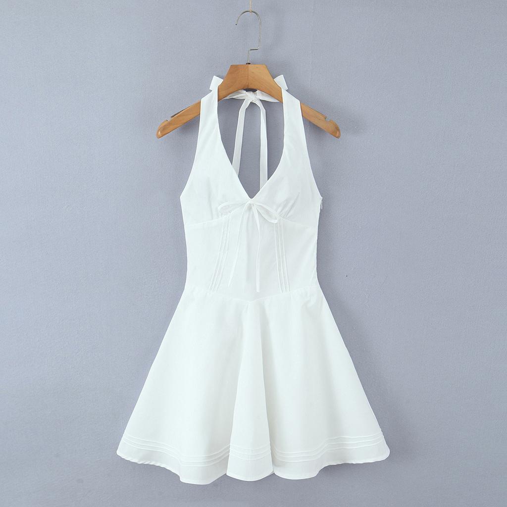 Pure Desire Style White Age-reducing Waist Sexy Backless A-word Short Skirt Women's Deep V-neck Back Strap Neck Dress Summer