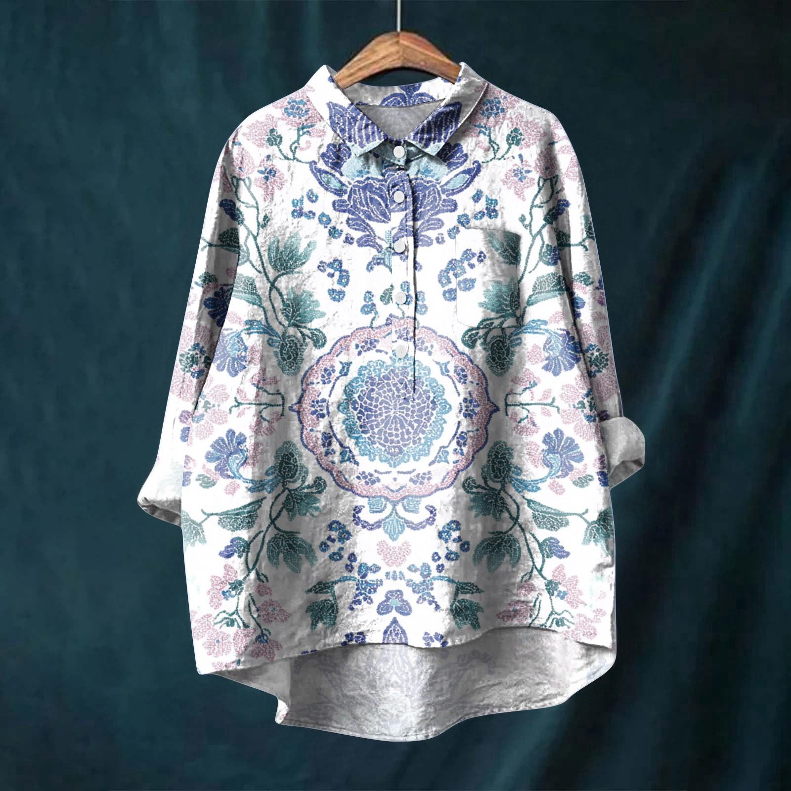 

Женская рубашка с длинным рукавом, на пуговицах, винтажный цветочный принт, повседневный подол, неровный, рубашечный воротник, топ XL белый