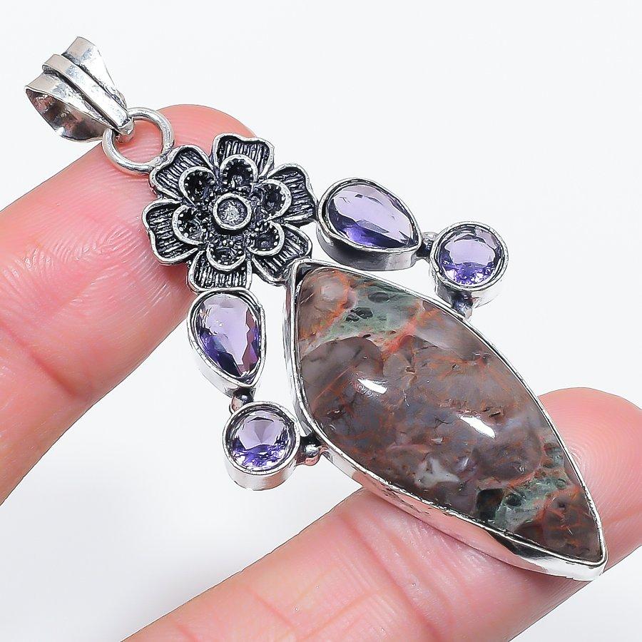 Natural Mud Crack Fossil, Amethyst 925 Sterling Silver Pendant 2.68" Q9Q46