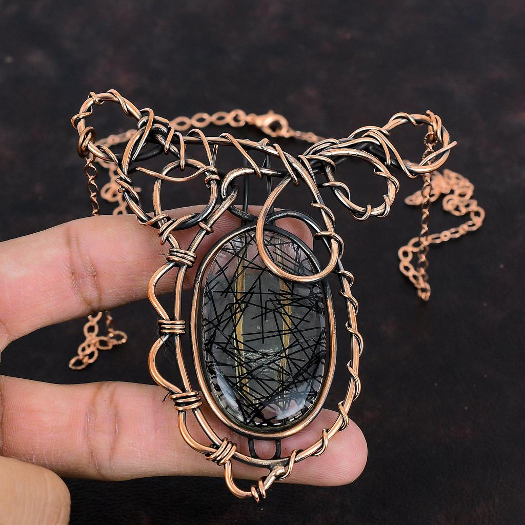 Black Rutile Necklace Copper Wire Wrapped Necklace Adjustable Chain Necklace Handmade Gemstone Necklace Copper Wire Jewelry Engagement Gifts
