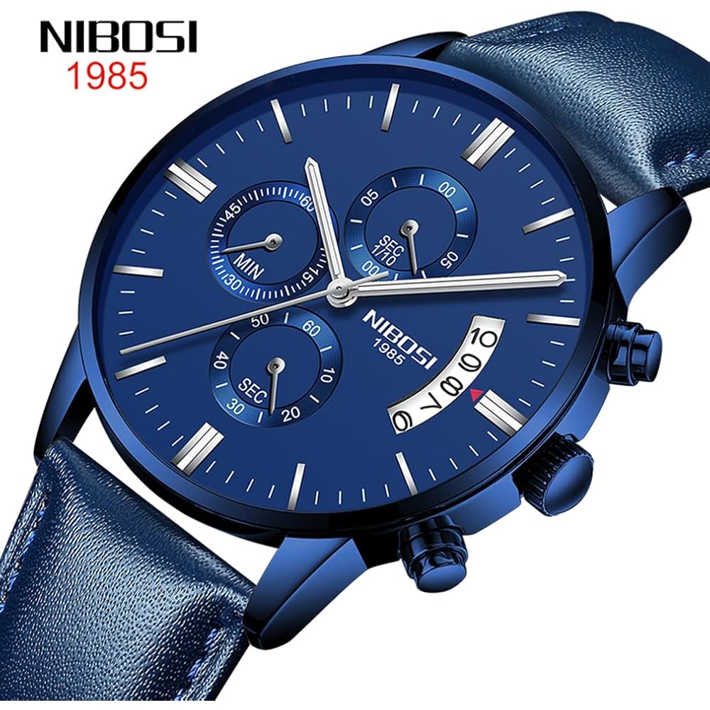 Nibosi Men's Chronograph Watch Blue Leather Strap Waterproof Analog Casual Big Face