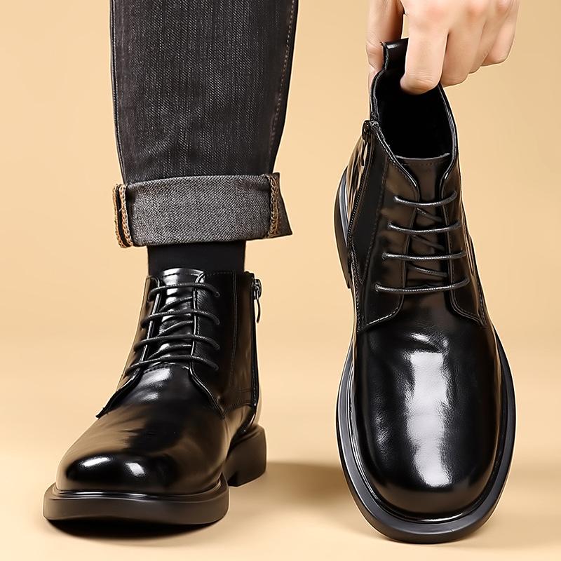 Autumn Winter Black Leather Boots Men High Top Fashion Casual Ankle Boots Male New Lace Designer Round Head Platform Shoes Man