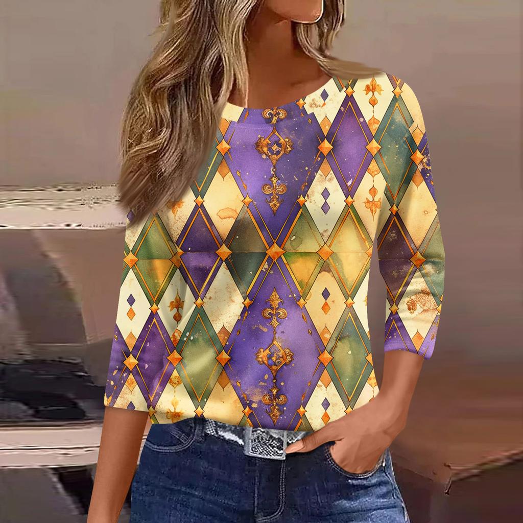 3/4 Length Sleeve Womens Tops Floral Print Vintage Fashion Casual Loose With Round Neck Plus Size Shirts