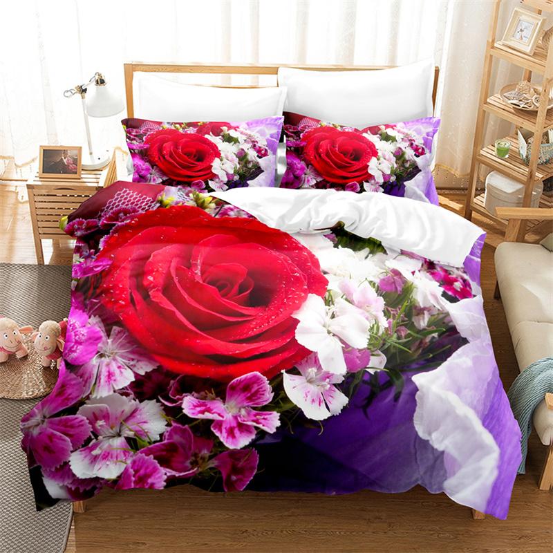 Red Rose Queen Size Duvet Cover 220X240 Bedding Set 3Pcs/2Pcs With Pillowcase Flower Quilt Cover For Double Bed Single Beds