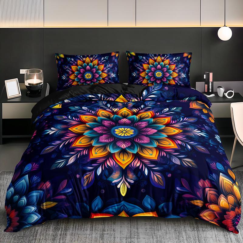 3Pcs Mandala Floral Bedding Duvet Cover Set Bohemian Mandala Bedding Quilt Set Bohemian Themed Bed Quilt Set Vibrant Mandala