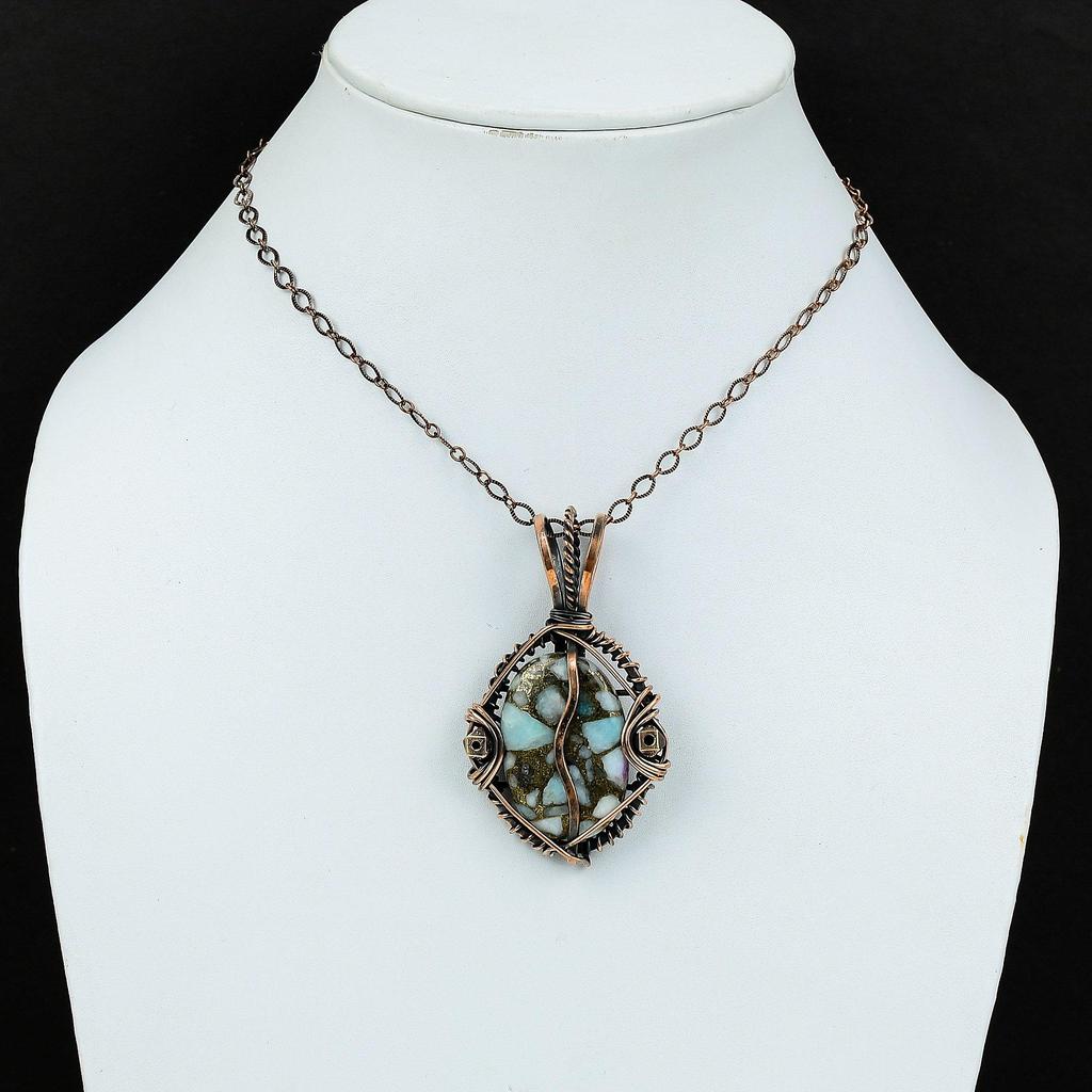 Copper Larimar Pendant Gemstone Handmade Jewelry, 999 Copper Wire Wrapped Pendant, Gift For Wife Jewelry