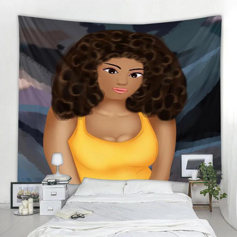 Tapeçaria de Ilustração de Personagem Retrô Tapeçaria de Arte de Mulheres Africanas Arte Hippie Moda Decoração de Quarto Tímido Tapeçaria Decoração de Casa