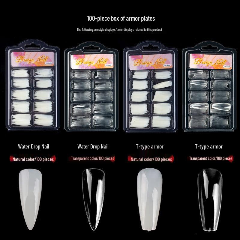 100-Piece Blister Box: Trapezoidal, Transparent Fake Nails - Full & Half Stick, Water Drop Designs