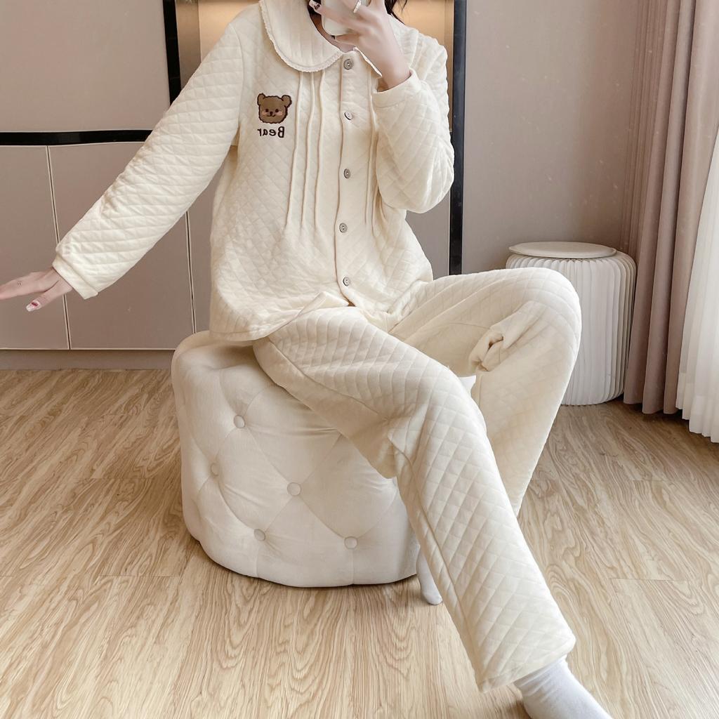 Autumn and winter women's pajamas have three layers of warm air layer, cotton-padded pure cotton loungewear set, long sleeves and trousers are cute.