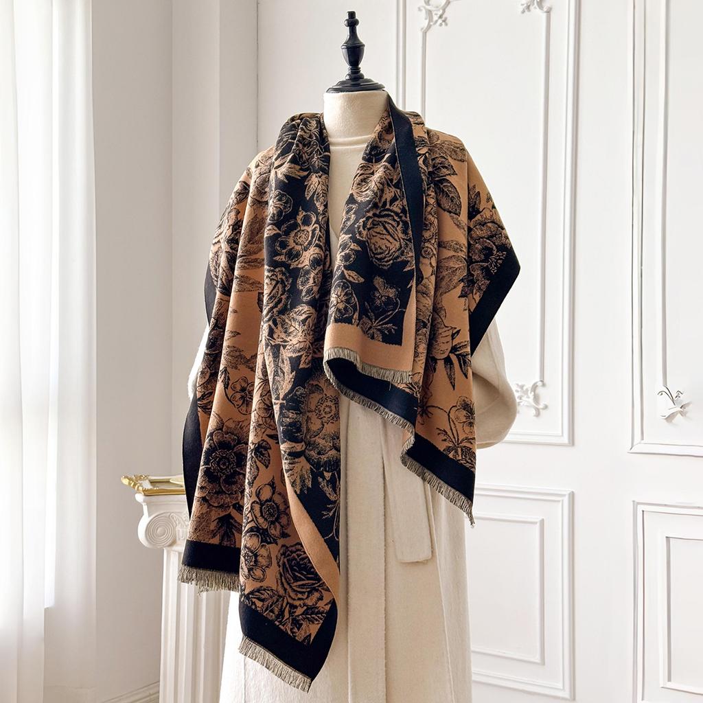 Elegant Floral Jacquard Pashmina Shawl for Women Winter Thick Warm Double Sided Tassel Design Coldproof Windproof Blanket Scarf